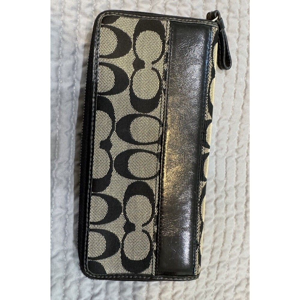 Coach Signature Jacquard Checkbook Wallet Black Leather Zip Around Organizer - Picture 3 of 16